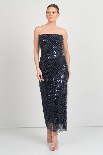 renk abiye Color Women's Mesh Patterned Full Stone Embroidered Ankle Length Evening Dress 5275 Navy Blue