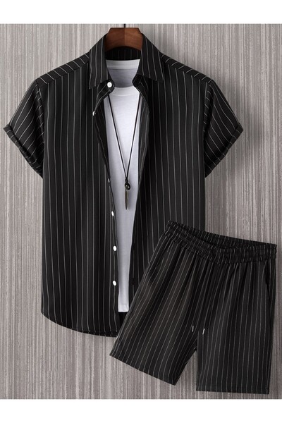 THEGENTMAN طقم شورت قميص مخطط من قماش الكريب