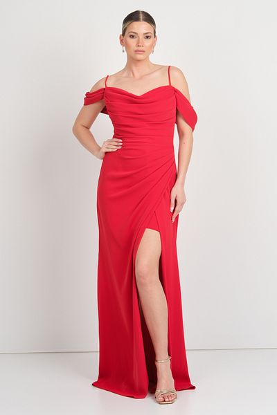 Saygın Women's Rope Strap Draped Slit Long Evening Dress 5625 Red