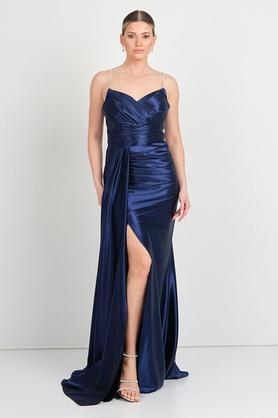 renk abiye Color Women's Rope Strap Cross-Tied Back and Draped Bust Evening Dress 5134 Navy Blue