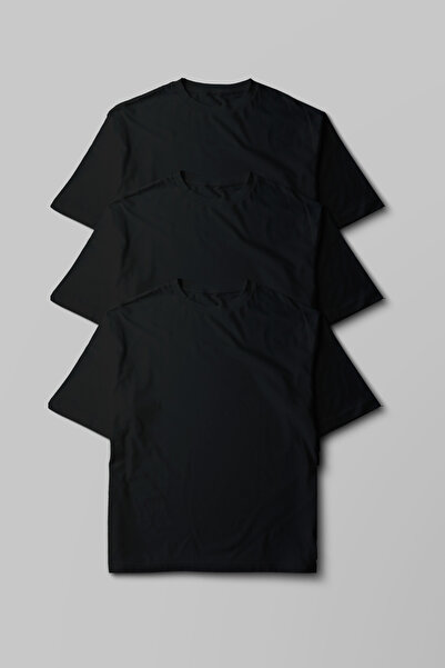 Pratik Tekstil Unisex Oversize 3 Pack Μαύρο 100% βαμβακερό μπλουζάκι με λαιμό...