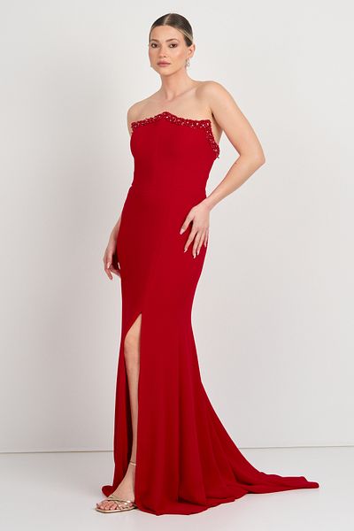 Saygın Women's Strapless Stone Decorated Fish Form Evening Dress 5649 Red