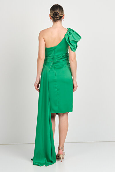 Saygın Women's One Shoulder Detailed Side Tail Evening Dress 3474 Green