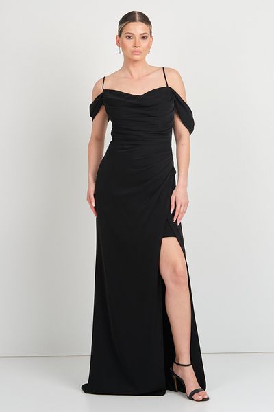 Saygın Women's Rope Strap Draped Slit Long Evening Dress 5625 Black