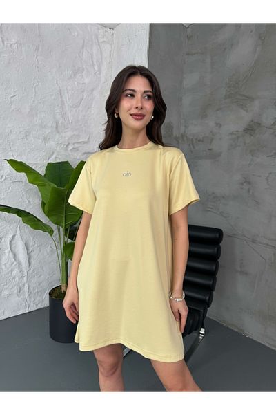 Elif Özbey Butik Yellow Short Sleeve Print Detail Modal Dress