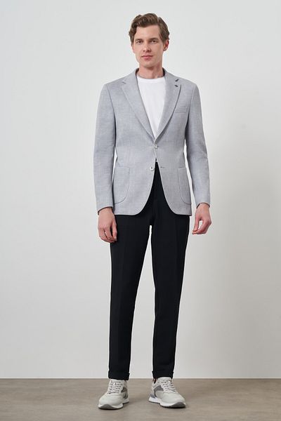 Morven Men's Gray Knitted Patterned Slim Fit Mono Collar Jacket