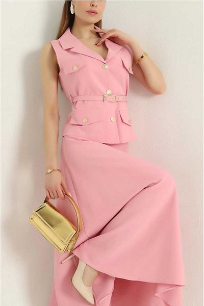MYGİYİMİSTANBUL Buttoned Vest and Pleated Long Skirt Suit