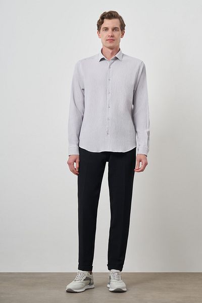 Morven Men's Stone Seersucker Trend Patterned Dynamic Fit Italian Collar Shirt