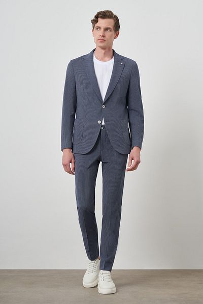 Morven Men's Navy Blue Polyviscon Trend Striped Slim Fit Mono Collar Suit