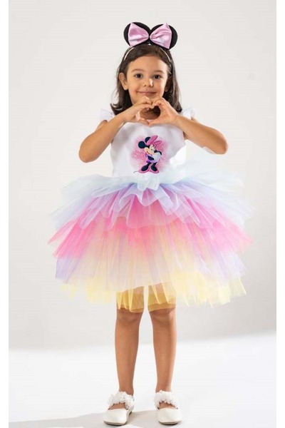 YAĞMUR KOStütüM Taç Hediyeli Sevimli Mouse Temalı Kız Çocuk Beyaz Doğum Günü Elbisesi & Parti Kostümü