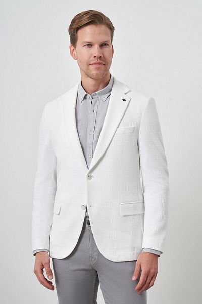 Morven Men's White Knitted Patterned Mono Collar Slim Fit Jacket