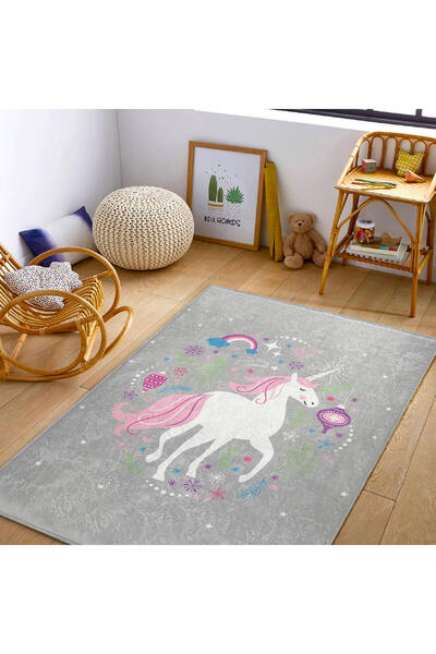 White Unicorn Dijital Baskı Kaymaz Tabanlı Yıkanabilir Çocuk Halısı