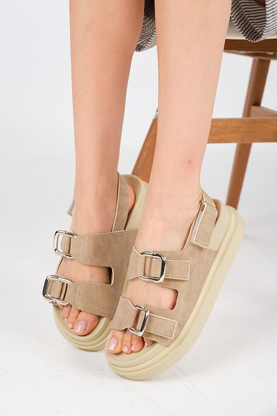Mio Gusto Misha Beige Color Double Buckle Women's Sandals