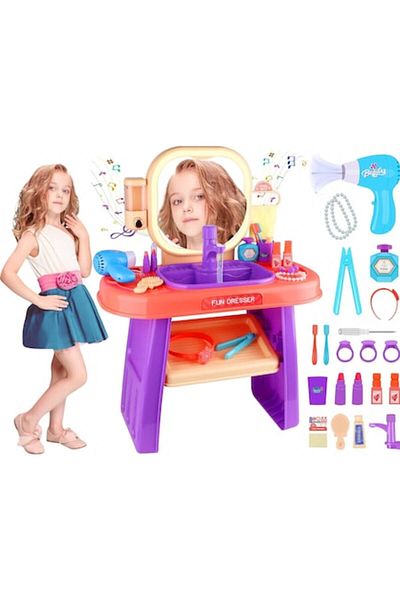 Smart Vibe Masă de machiaj pentru fetițe MiniMiss® cu oglindă LED, tactilă, muzică, uscător de păr, robinet funcțional,