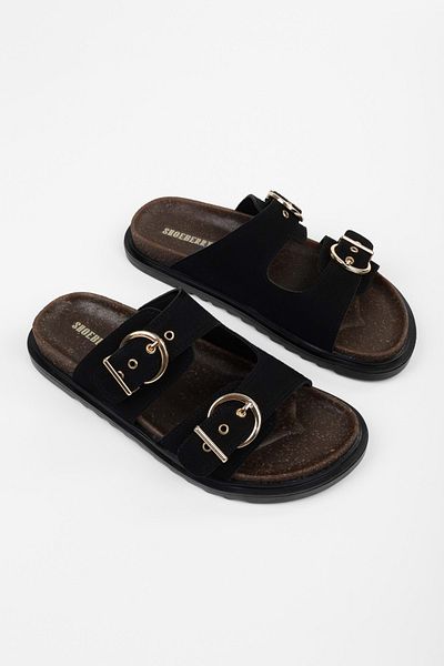 Shoeberry Women's Vian Black Suede Belted Slippers