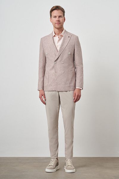 Morven Men's Tile Linen Double Breasted Patterned Slim Fit Pointed Collar Jacket