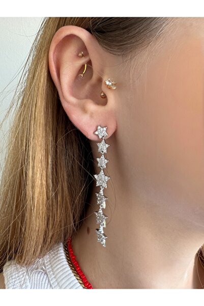 Gilia Jewelry Yıldız Sallantılı Gümüş Renkli Ikili Çelik Küpe