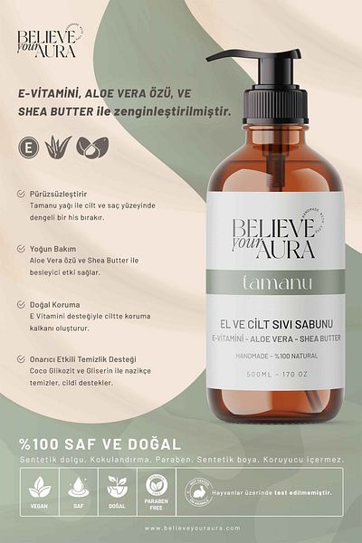 Believe Your Aura Tamanu Oil Hand and Skin Soap - Natural Liquid Soap with Vitamin E Aloe Vera Shea Butter Additive - 500 ml
