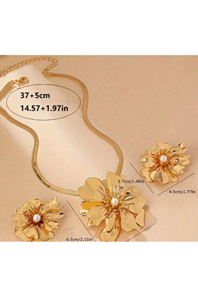 SE Jewellery Collection Selin Ersoy Kadın Gold Çiçek Formlu İnci Detaylı Takı Seti – Kolye ve Küpe 2’li Kombin