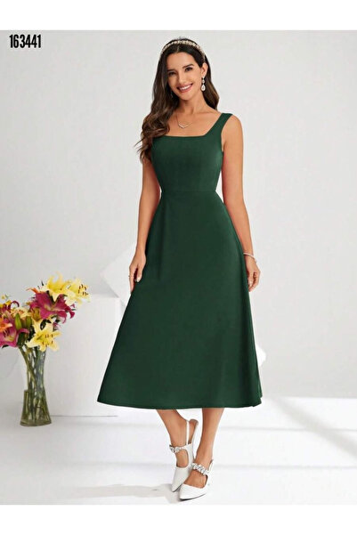 Modayakamoz Kadın Askılı Kare Yaka Midi Boy A Kesim İthal Krep Elbise