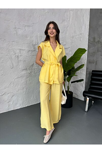 Elif Özbey Butik Yellow Belted Vest Double Suit
