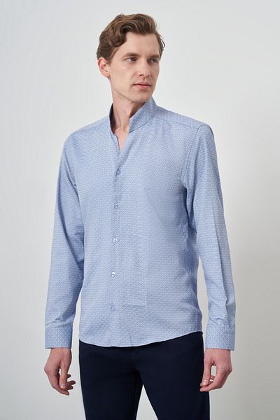 Morven Cămașă albastră pentru bărbați, slim fit, cu guler ridicat
