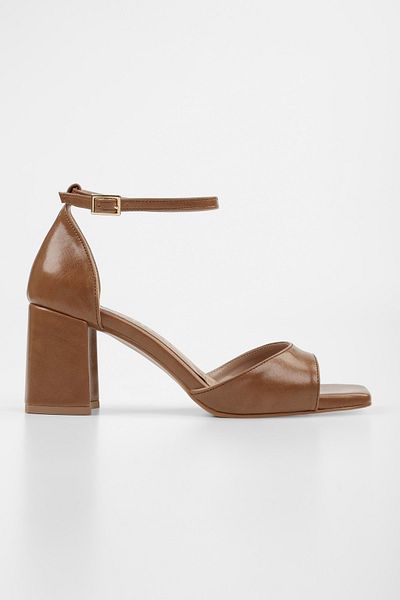 Shoeberry Women's Sarge Caramel Shiny Skin Heeled Shoes