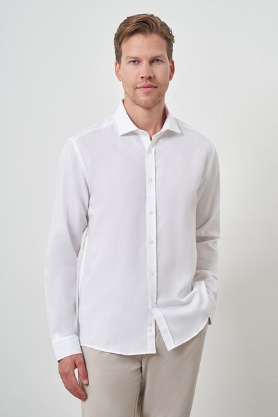 Morven Cămașă pentru bărbați din bumbac alb, slim fit, cu guler italian