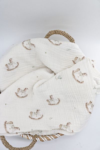 lakurdela 100% Organic Cotton Multi-Purpose Muslin Blanket Rocking Horse 100X100