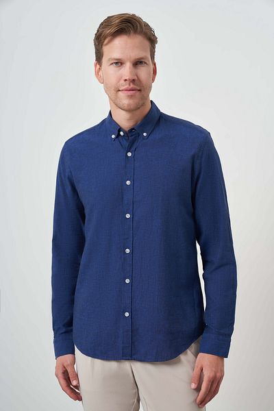 Morven Cămașă pentru bărbați Indigo Linen Trend Dynamic Fit cu guler cu nasturi