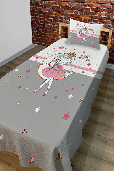 EVSEHOMES Gray Striped Ayda Girl's Digital Printed Quilt Pink Set
