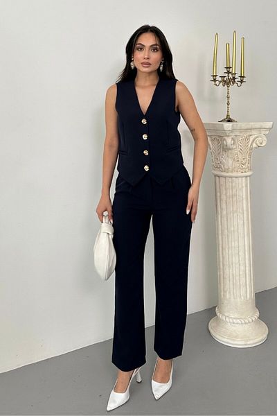 spirituel Women's Top Bottom Set Stylish Gold Button Detailed V Neck Vest Pants Set