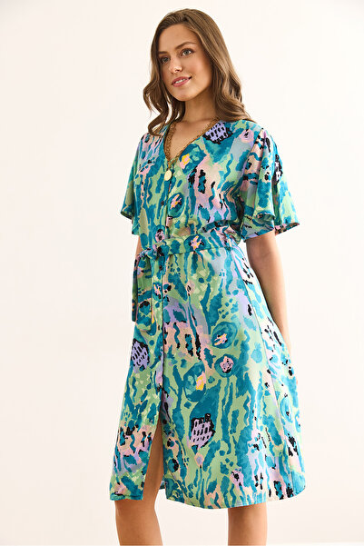 Olalook Γυναικείο Πράσινο Λιλά Μίνι Πουκάμισο με Ζώνη με λαιμόκοψη ELB-19002380