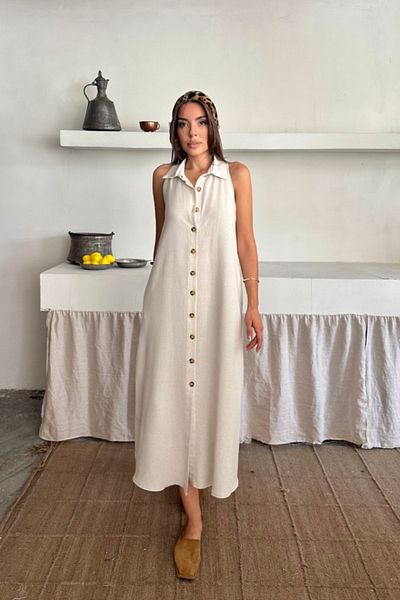 modaserdem Linen Front Buttoned Sleeveless Shirt Collar Dress - White