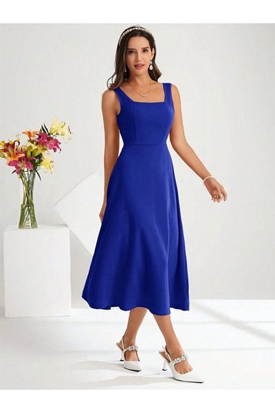 Kokosh moda Women's Strap Square Neck Midi Imported Crepe Dress