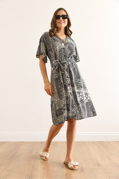 Olalook Women Patch Gray V Neck Belted Woven Mini Shirt Dress Elb-19002380