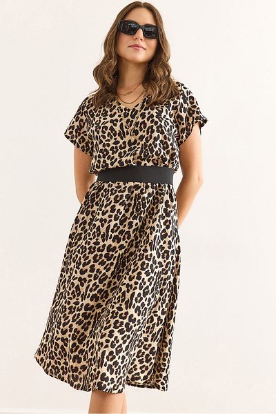 Olalook Γυναικείο φόρεμα Leopard Beige με λαιμόκοψη V με μοτίβο υφαντό βισκόζη Midi Bell ELB-19002443