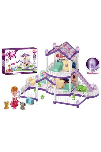 Smart Vibe Casă de păpuși cu lumini KinderVibe™ Mini păpușă, cățeluș și pisicuță, două dormitoare, terasă, curte, scară