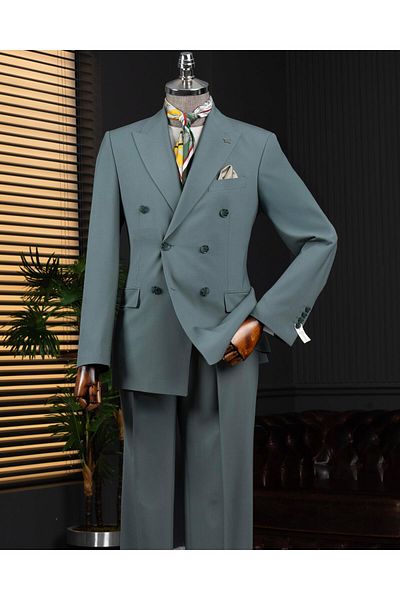 TerziAdemAltun Italian Style Double Breasted Jacket Pants Suit Green T14118