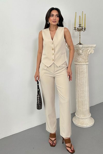 spirituel Women's Top Bottom Set Stylish Gold Button Detailed V Neck Vest Pants Set