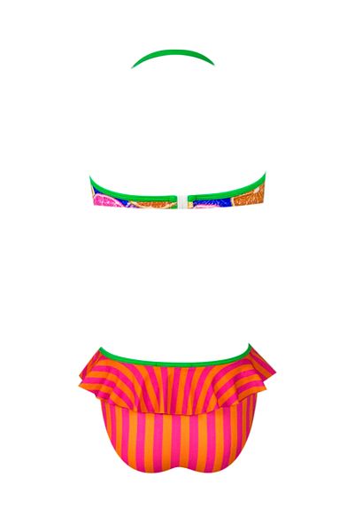 LOOK ME Σετ μπικίνι για κορίτσια με γιακά Halter με πολύχρωμο πορτοκαλί σχέδιο Bandeau Frill 50UV από τη Nessi Byrd