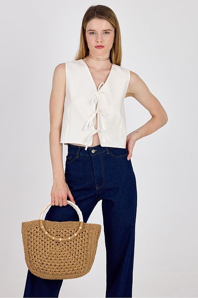Rays White Linen Look 100% Cotton Tie Detail Vest 3853
