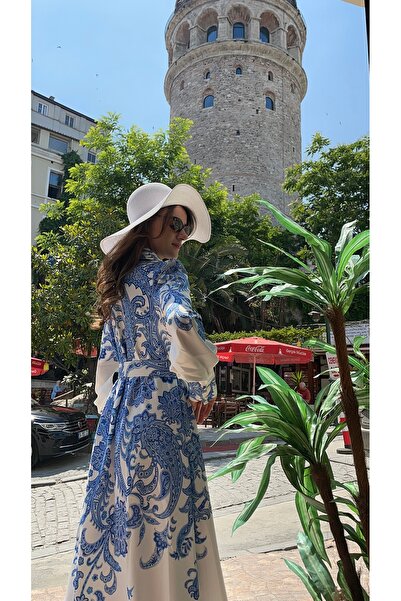 Jennyfer Women's Atlas Fabric Floral Print Detailed Belted Long Designer Dress