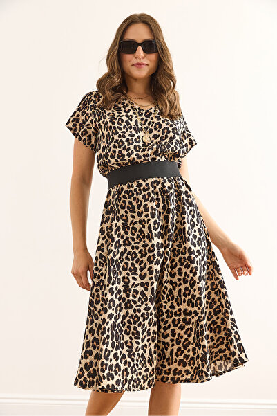 Olalook Women's Leopard Beige V Neck Patterned Woven Viscose Midi Bell Dress Elb-19002443