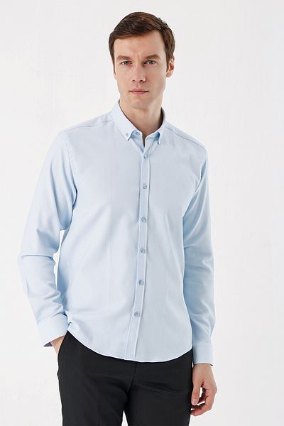 Morven Men's A. Blue Trend Jacquard Pattern Button Collar Slim Fit Shirt