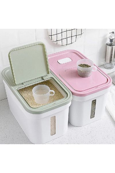 Felli Flip-Open Rectangular Plastic Rice Bin Light Green and White 12kg