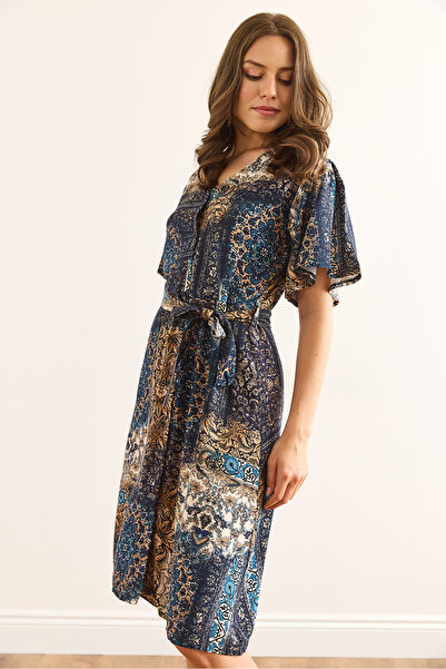 Olalook Жіноча сукня-сорочка з синім коміром V-подібним вирізом та поясом ELB-19002380