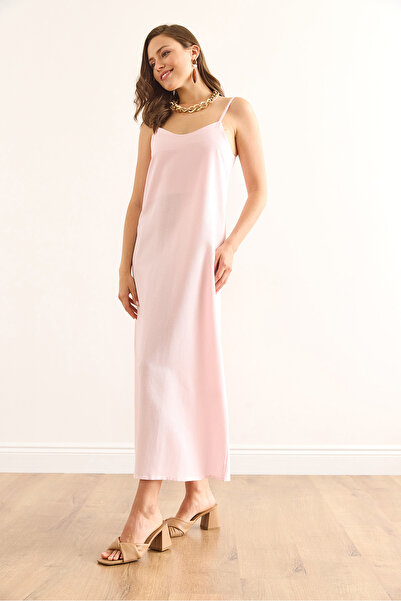 Olalook Women's Pink Strap Adjustable Roba Double Layer Linen Content Dress Elb-19002453