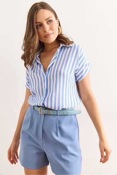 Olalook Γυναικείο ριγέ Baby Blue ριγέ πουκάμισο βισκόζης GML-19001360