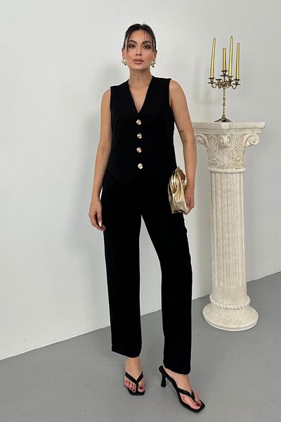 spirituel Women's Top Bottom Set Stylish Gold Button Detailed V Neck Vest Pants Set